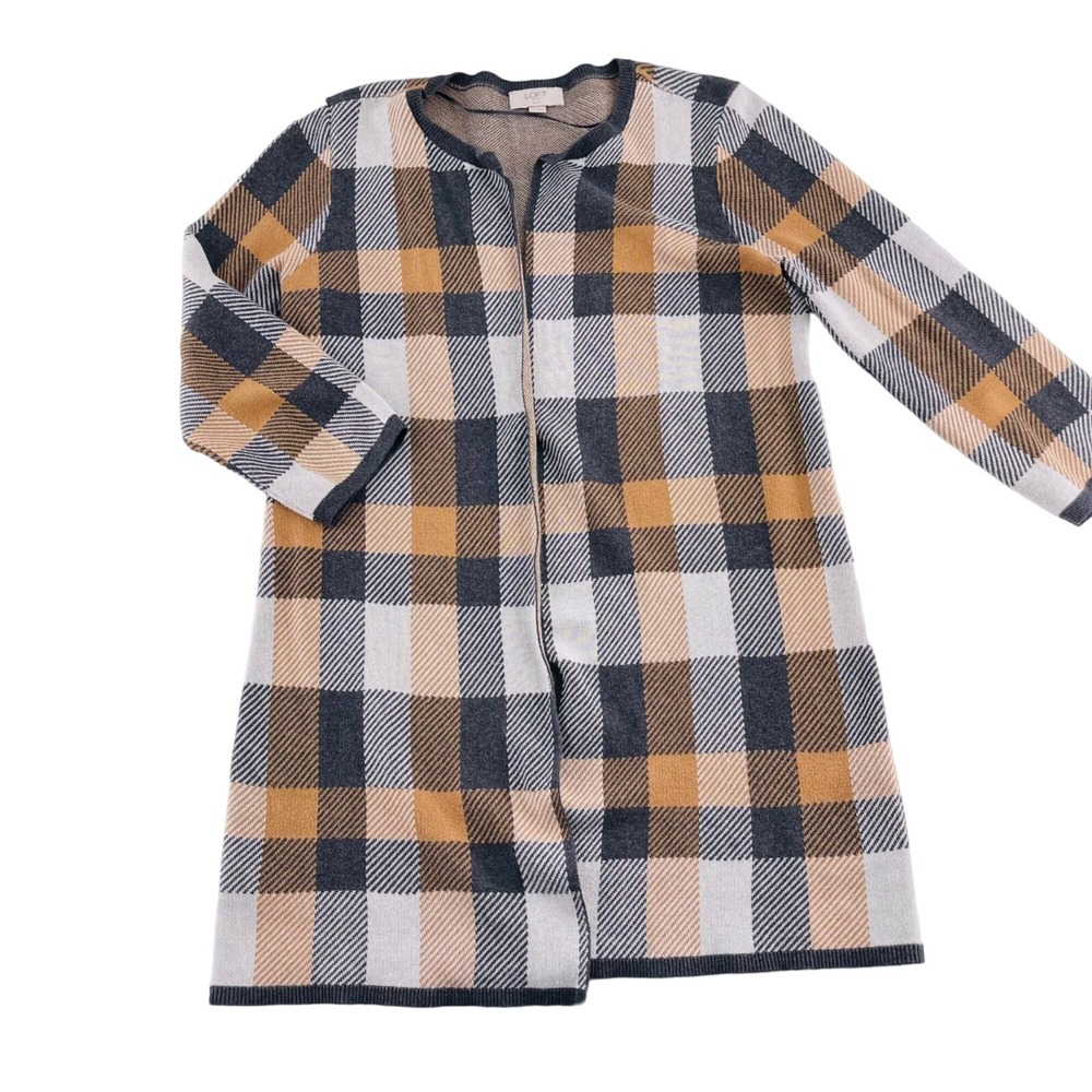 Plaid Long Sleeve Womens Sweater Coat By Loft In Neutral Tones Open Front Size M